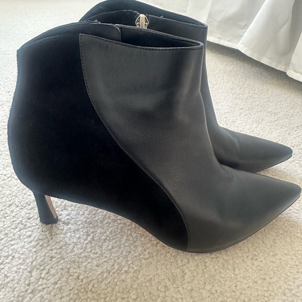 Black Two-Texture Pointed Kitten Heel Ankle Booties